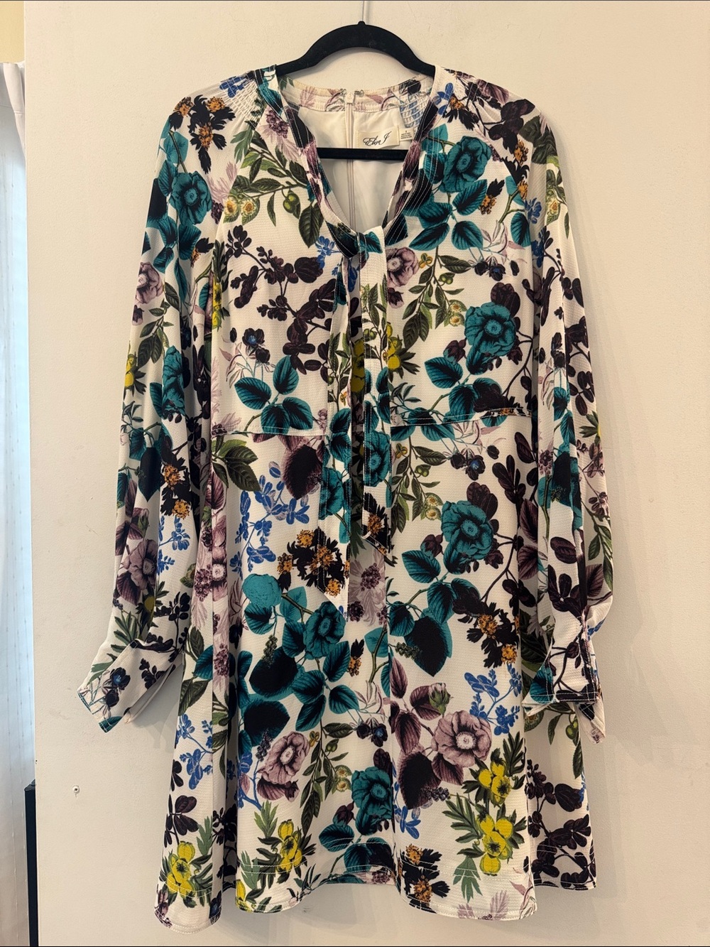 Eliza J Teal, Yellow & Purple Floral Tie-Neck Tunic